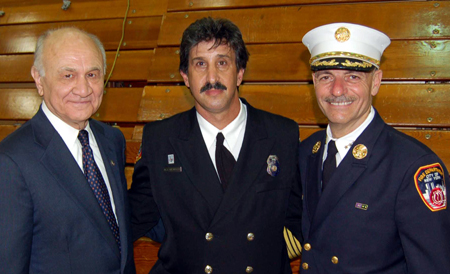 FDNY Commissioner Nicholas Scoppetta, WORLD MEMORIAL Vice President, San Diego Firefighter Paramedic, Mitch Mendler and FDNY Chief of Operations, Salvatore J. Cassano